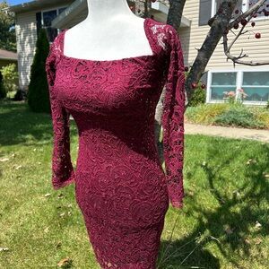 Sequin Hearts Burgundy Lace Long Sleeve Dress